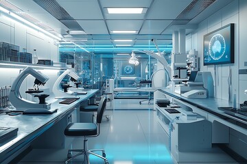 Technologically advanced biological lab with contemporary furniture design.