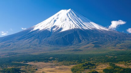 Fototapeta premium Majestic Mount Fuji with Snow-Capped Peak and Lush Forest Foothills