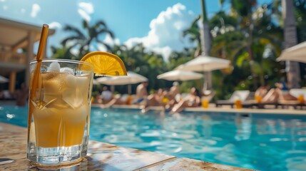 A glass of a summery drink with an orange slice by the pool.