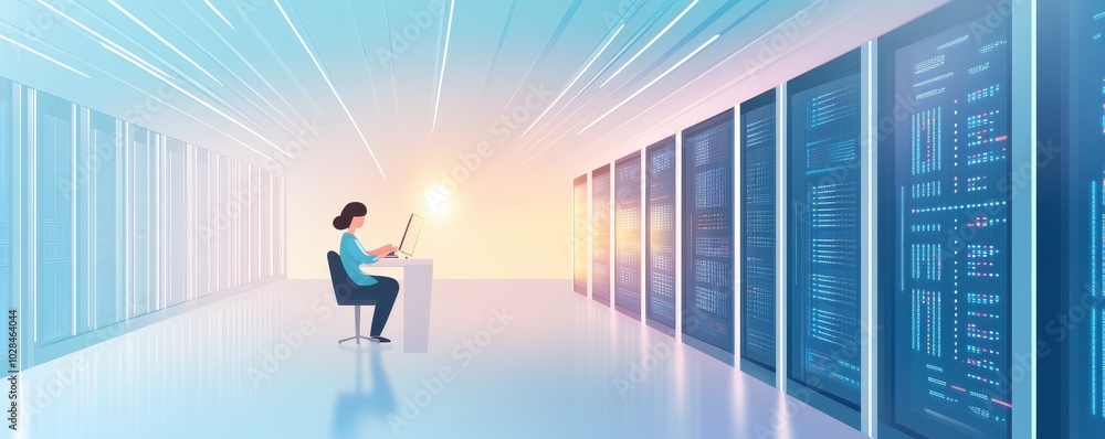 Poster a person working on a laptop in a modern data center, surrounded by rows of servers, showcasing tech