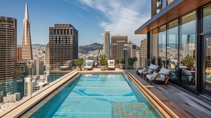 Obraz premium A rooftop pool with a view of the city skyline.