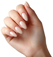 Hand with almond-shaped nails isolated on transparent background.