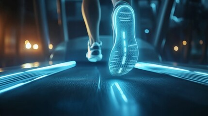 Close-up of a runner's foot on a treadmill in a modern gym with blue light.