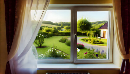 Scenic garden view from cozy home window

