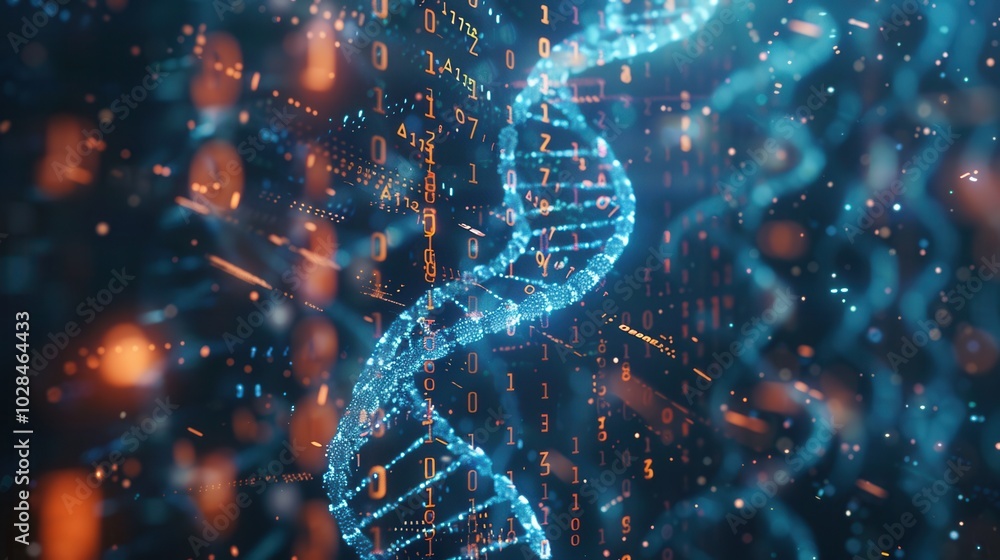 Fototapete a 3d dna strand glows as it integrates digital data streams, representing the intersection of geneti