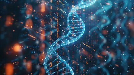 A 3D DNA strand glows as it integrates digital data streams, representing the intersection of genetics and information technology. Generative AI