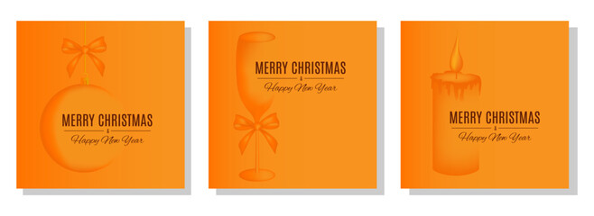 Set of New year postcards with Christmas champagne or wine glass, ball, candle and bow in orange colors. Holiday new year  decoration template.