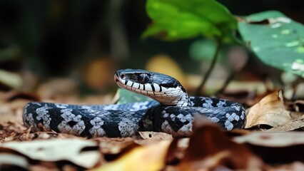 Obraz premium Close-up of a black and white patterned snake resting on forest floor among dry leaves