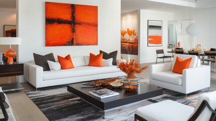 Modern Living Room with Bold Orange Accents and Minimalist Decor Sleek white sofa paired with bold orange pillow striking abstract art piece on the wall