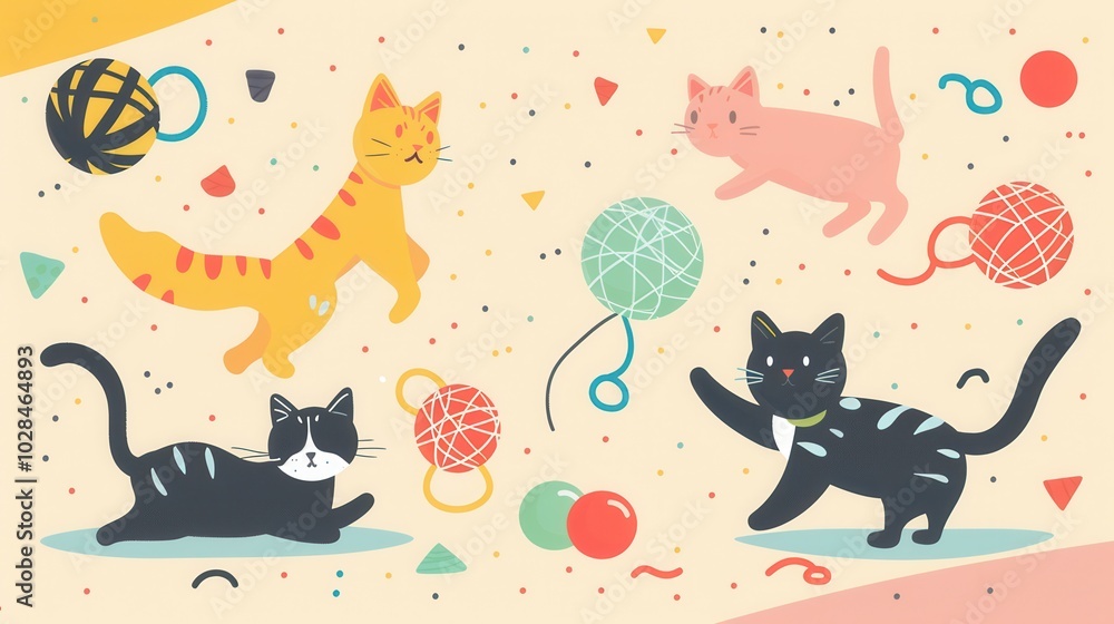 Poster a group of playful cats engages with colorful balls and vibrant yarn, enjoying their time in a cheer