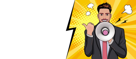 Business man with loudspeaker megaphone announcing discount or sale Special offer shopping time