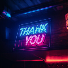 Vibrant "Thank You" in blue and pink neon lights, creating a modern, eye-catching display of appreciation