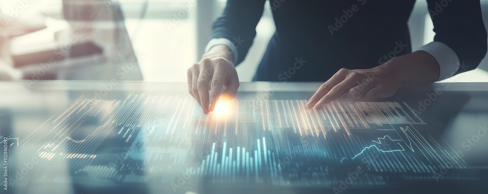 Poster a close-up of a business professional interacting with a digital interface, showcasing innovation an