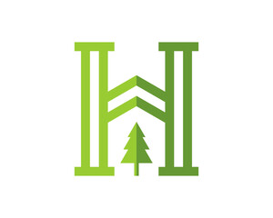 Letter H with green tree vector logo