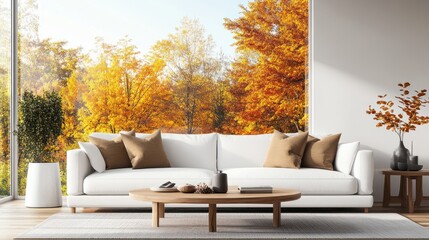 Modern Living Room with White Sofa, Wooden Coffee Table and Fall Foliage View.