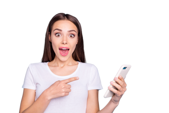 Portrait of impressed millennial hold modern technology point information scream wow omg wear white t-stylish t-shirt isolated over blue background