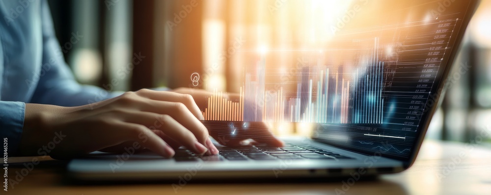 Poster a person types on a laptop, analyzing data with digital graphs displayed, representing business grow