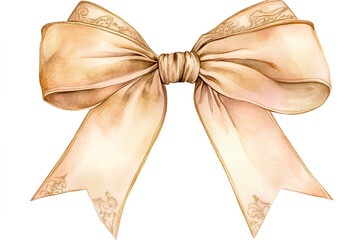 an elegant Christmas bow clipart, silk ribbon, watercolor illustration, soft champagne gold, isolated on white background