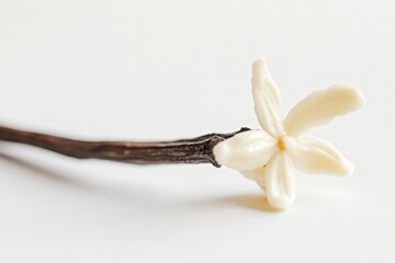 A soft white vanilla flower sits gently on a dark, slender vanilla bean, showcasing simplicity and elegance. The background features a clean, minimalist design that enhances the composition.