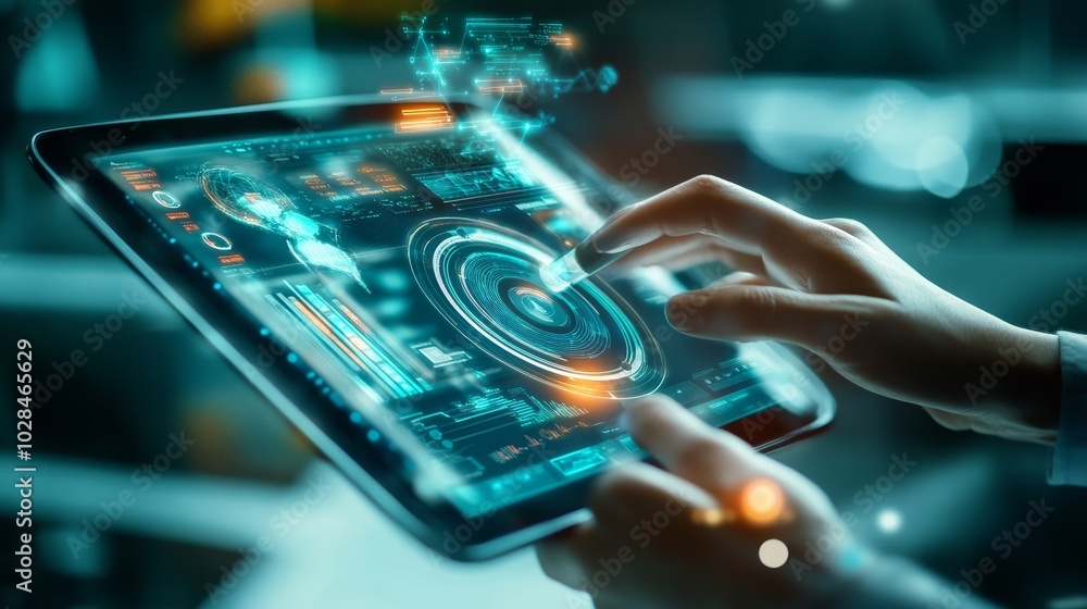Poster futuristic tablet interface with hands interacting, showcasing advanced technology and digital innov