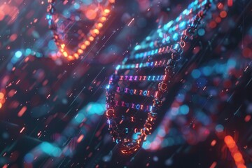 A 3D DNA strand exists in a digital environment, showcasing vibrant streams of binary code and colorful data representations. Generative AI