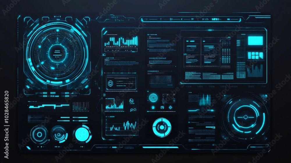 Poster Futuristic digital dashboard displaying data analytics and visualizations.