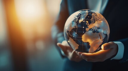 A business professional holds a transparent globe, symbolizing global connectivity and international influence in a modern world.
