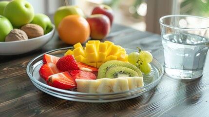 A plate of fresh fruit with mango, kiwi, strawberries, and grapes with a glass of water.
