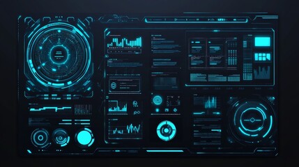 Obraz premium Futuristic digital dashboard displaying data analytics and visualizations.