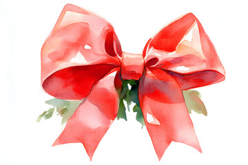 a bold Christmas bow clipart, oversized ribbon style, watercolor illustration, classic red, isolated on white background