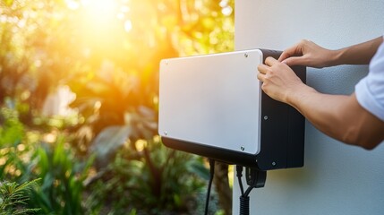 A person installing a solar panel system outdoors, surrounded by greenery, adjusting equipment under warm sunlight.