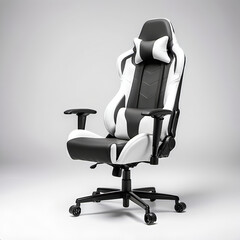 A high-back gaming chair with adjustable armrests, lumbar support, and racing-style design, isolated on a white background.