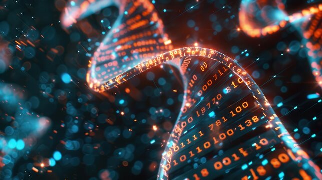 A vibrant 3D DNA strand is intertwined with streams of digital data, representing the fusion of biology and computer technology. Generative AI - Powered by Adobe