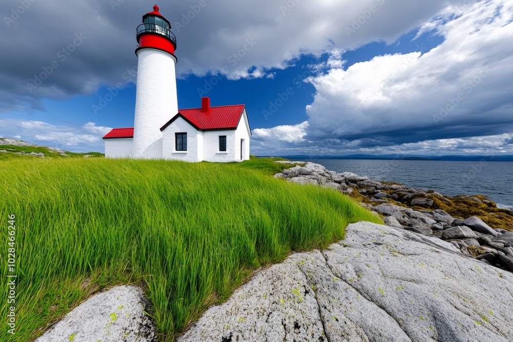 Poster lighthouse is on a rocky shoreline with a cloudy sky in the background. the lighthouse is white and 