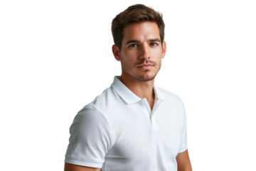 Portrait of a stylish man in a white polo shirt striking a confident pose on a transparent background