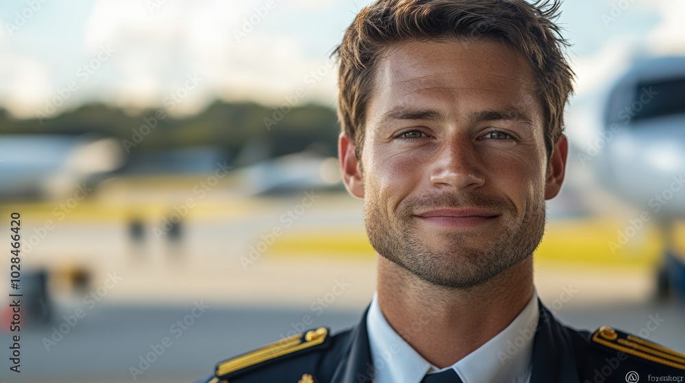 Poster man with smile on his face is standing in front of an airplane. he is wearing a uniform and he is pi