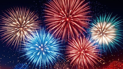 Fototapeta premium Vibrant red and blue fireworks display exploding in the night sky, creating a festive and celebratory atmosphere