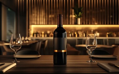 A wine bottle centerpiece on a dining table, surrounded by elegant glassware in a refined setting.