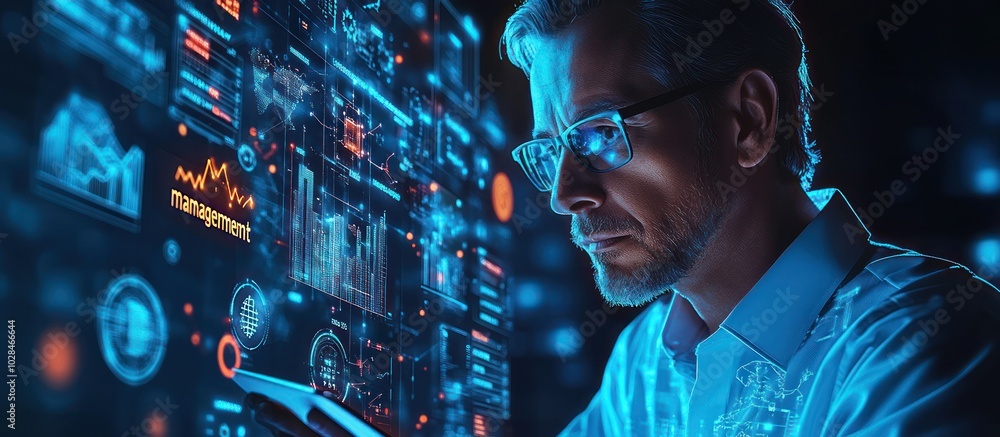Poster man analyzing data