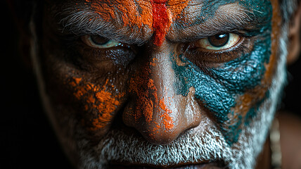 Obraz premium Intense Energy of Businessman with Indian Flag Paint Amidst Dark Jungle.
