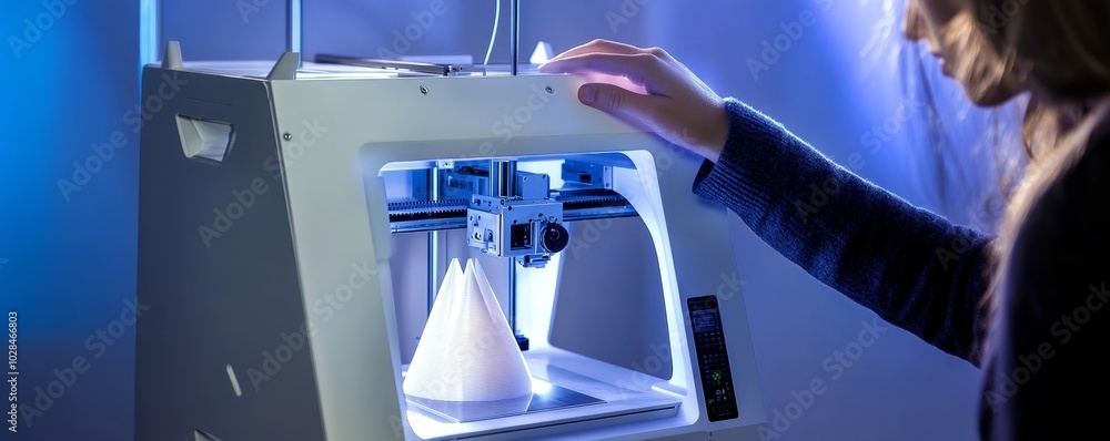 Poster a close-up view of a 3d printer in action with a person adjusting the settings, showcasing modern te