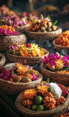 Fototapeta premium Wicker baskets filled with flowers and fruits.