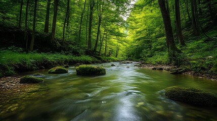 Obraz premium 35. A tranquil river flowing through a dense forest, with no signs of civilization