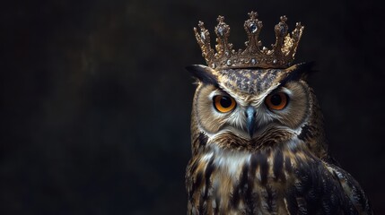 Fototapeta premium Portrait of a wise owl wearing a crown, velvet luxurious studio backdrop, soft lighting, professional photography, copy space