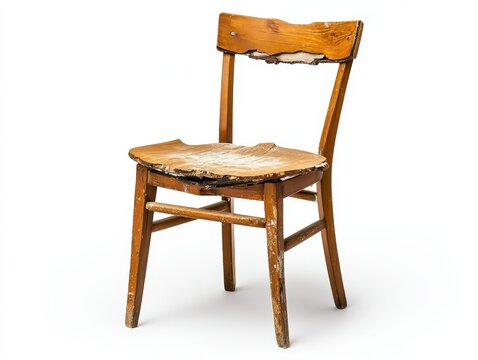 Broken Chair. Isolated Chair with Wooden Leg on White Background