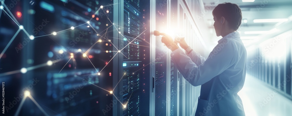 Aufkleber a technician working on a server in a data center, surrounded by digital connections representing te