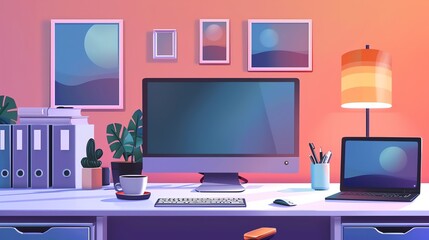 A clean and modern workspace with a computer, laptop, desk lamp, and a cup of coffee.