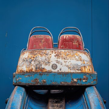 The vintage rollercoaster car showcases its weathered paint and rust, sitting alone in an abandoned amusement park. The vibrant blue wall contrasts sharply with its peeling colors, evoking nostalgia.