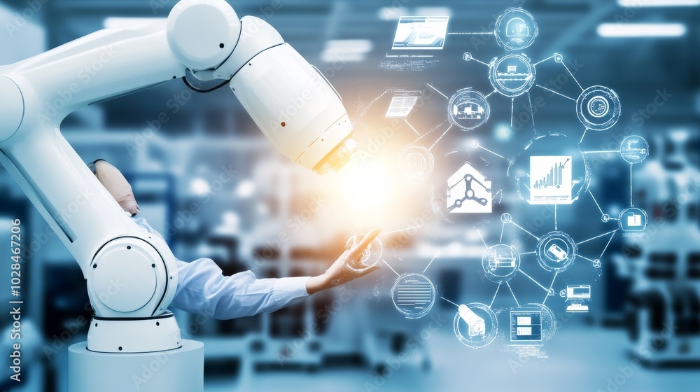 Poster a robotic arm reaches out, interacting with digital technology and data visualization in a modern in
