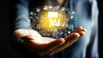 A person holds a glowing symbol of AI, representing technology and innovation in a digital world.